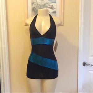 Black & Aqua Halter Mini Dress