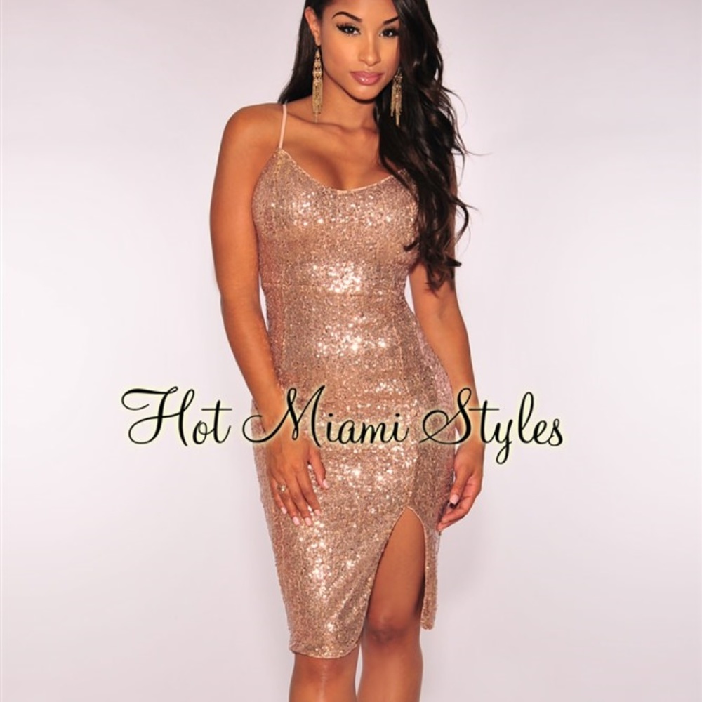 Rose Gold Sequins Spaghetti Straps Dress - Picture 2 of 6