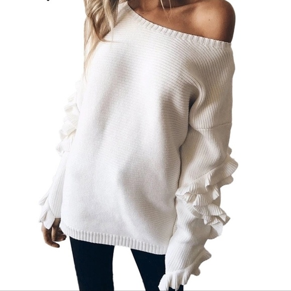 Sweaters - White Oversized Ruffle Sleeve Sweater