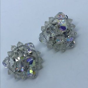 Sparkly AB Clear Beaded Vintage Clip On Earrings