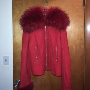 Red shearling jacket w/ fox fur collar