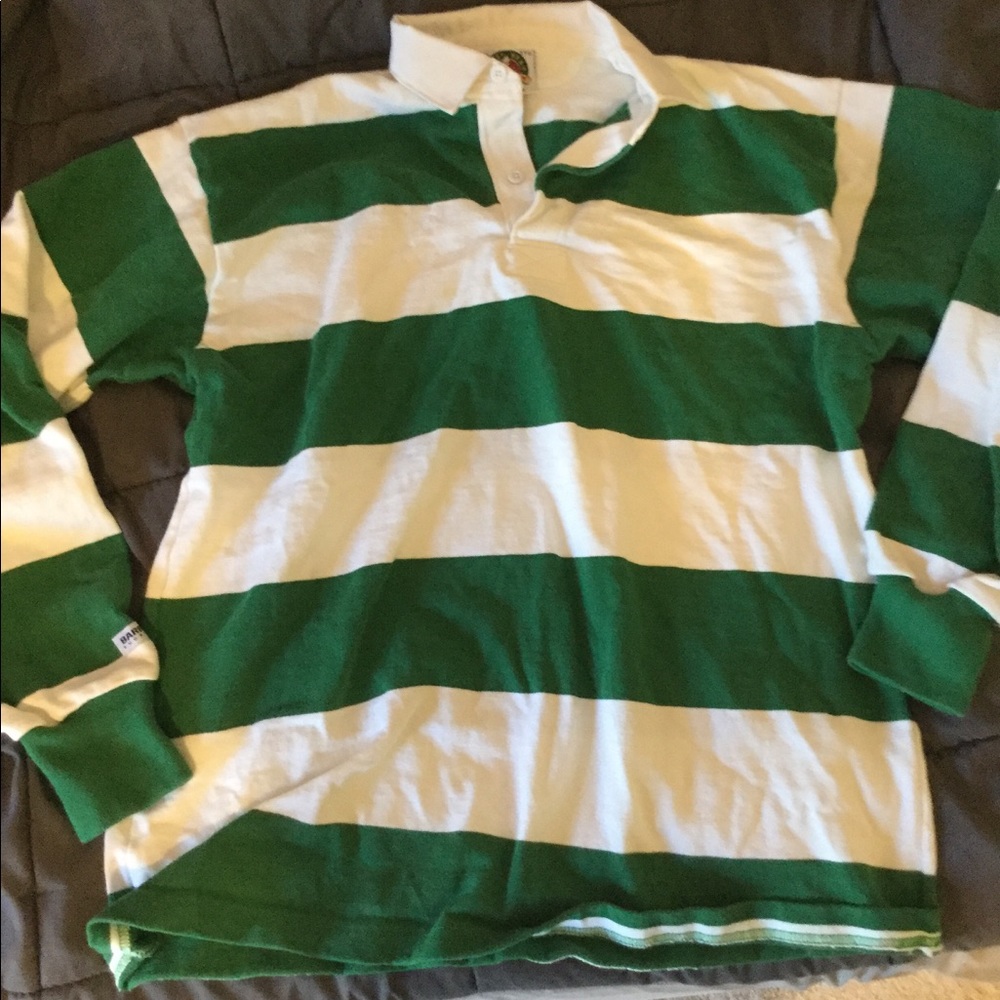 green and white striped rugby long sleeve shirt