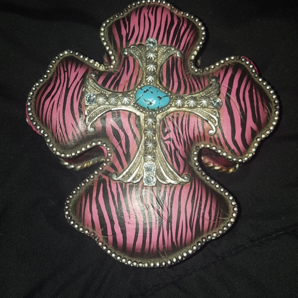 Country pink zebra cross shaped jewelry box