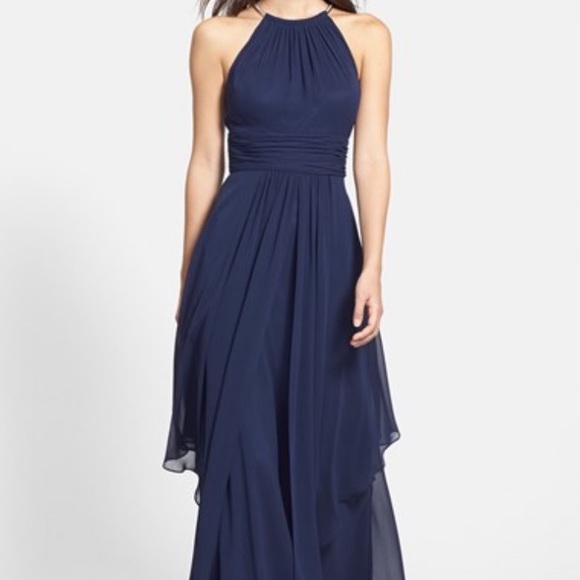 Eliza J Tiered Chiffon Gown Navy- worm once - Picture 3 of 6