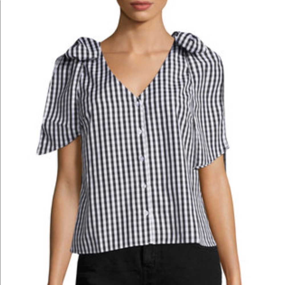 J.O.A. Ribbon check tie shoulder top