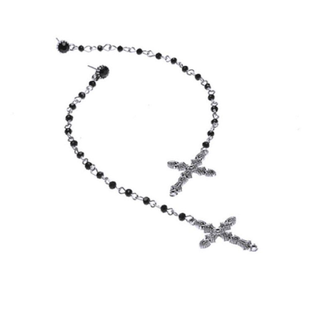 Long Dangle Cross Earrings Black Beaded - Picture 2 of 2