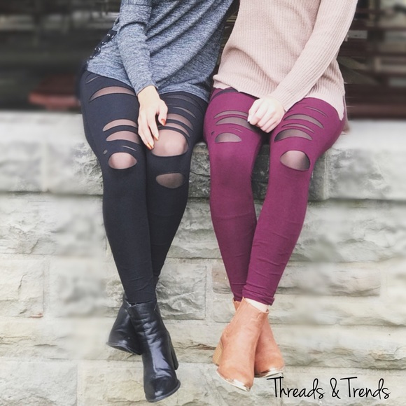 🆕🌸Wine Cut Out Mesh Leggings - Picture 2 of 6