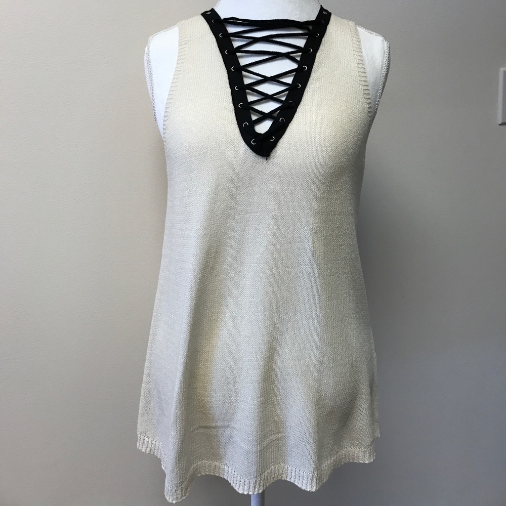Cream Tank with Black Lace-Up Edgy Detail