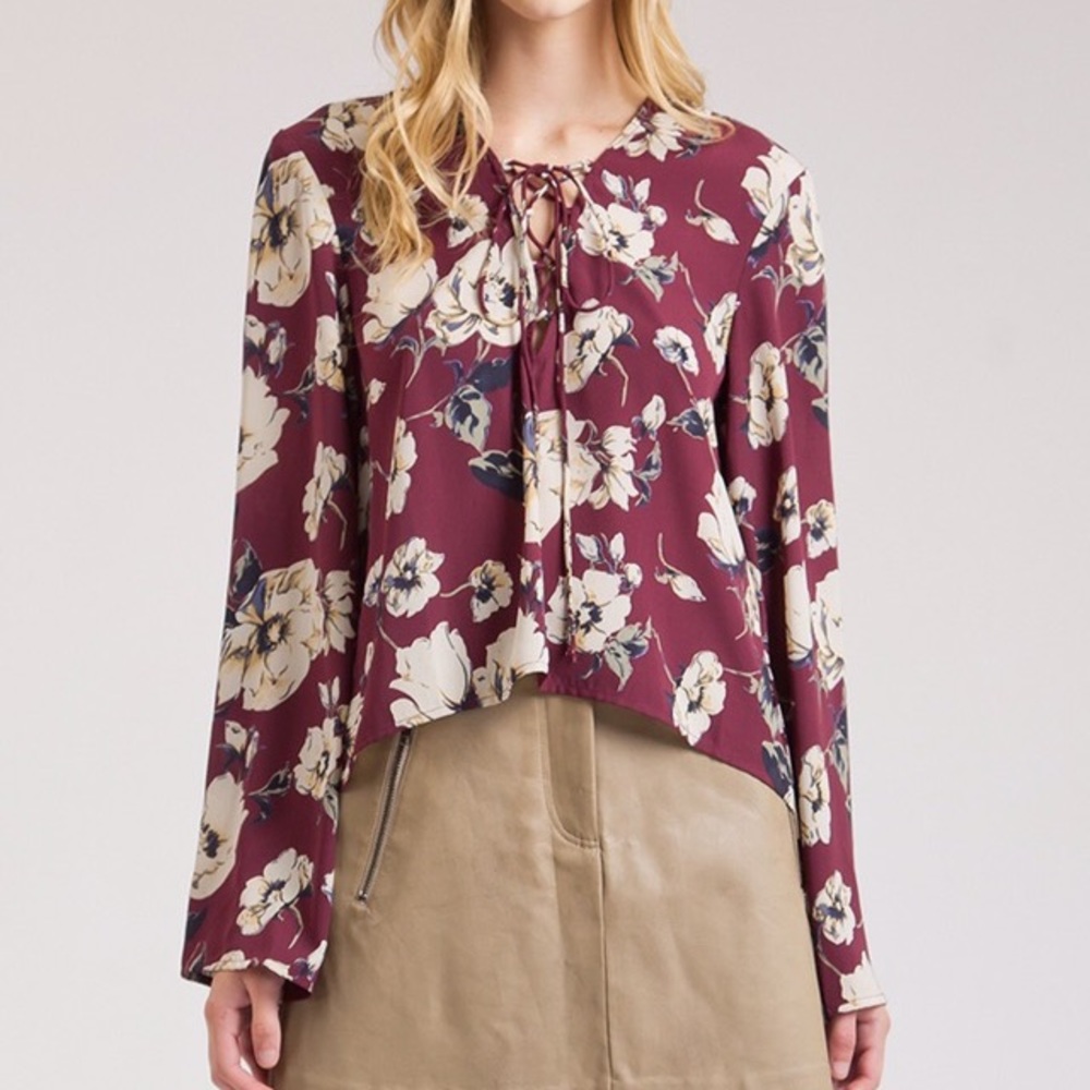 Brand New J.O.A Maroon Floral Bell Sleeve Blouse