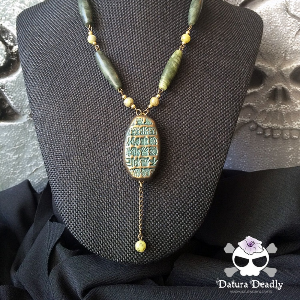 Beaded Asian Text Y Necklace
