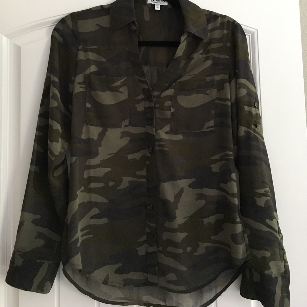 Women's XS Sheer Camo Button Down Blouse