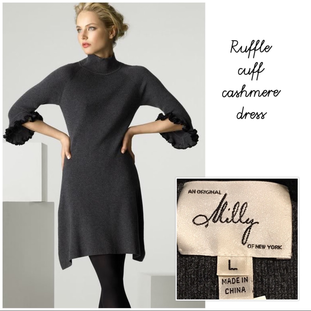 NWT Milly NY Cashmere Ruffle Cuff Sweater Dress in Gray sz L