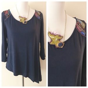 Navy Embroidered Shoulder Hi-Lo 3/4 Sleeve Tee Navy Embroidered Shoulder Hi-Lo 3/4 Sleeve Tee