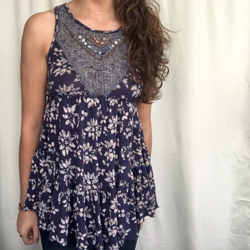 Free People Blue Floral Boho Tank Top Size Small
