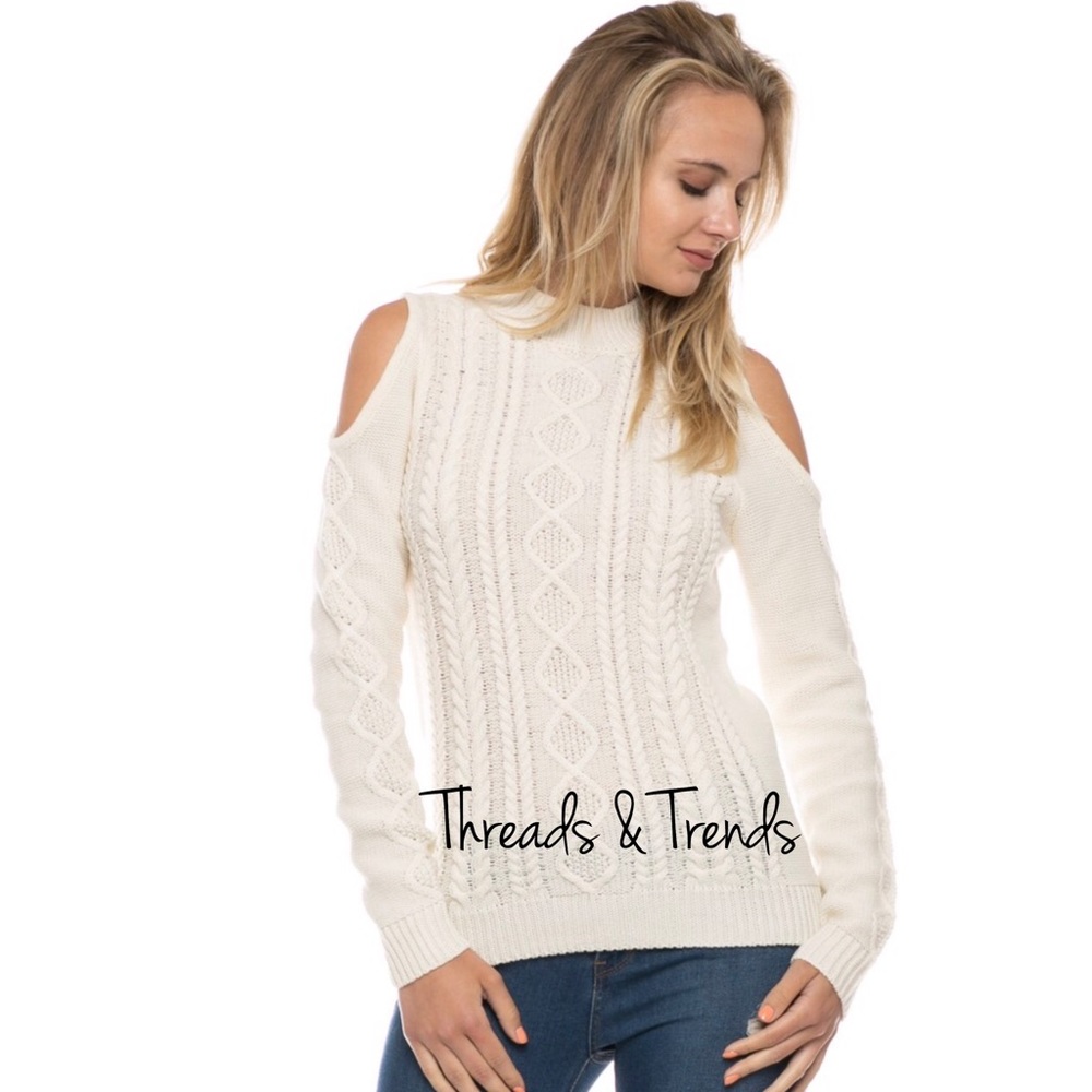  Cable Knit Cold Shoulder Sweater - Picture 2 of 5