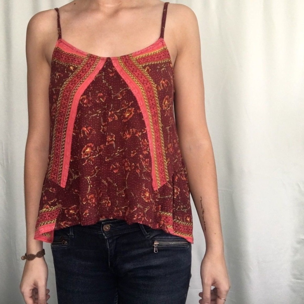 Free People Boho Red Floral Tank Top Size Xs