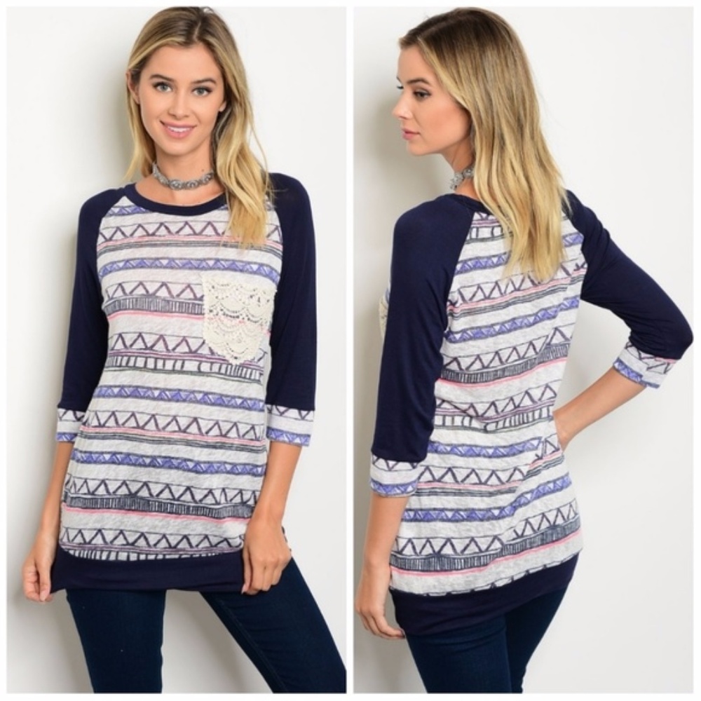 BOUTIQUE Lace pocket raglan baseball tee tunic
