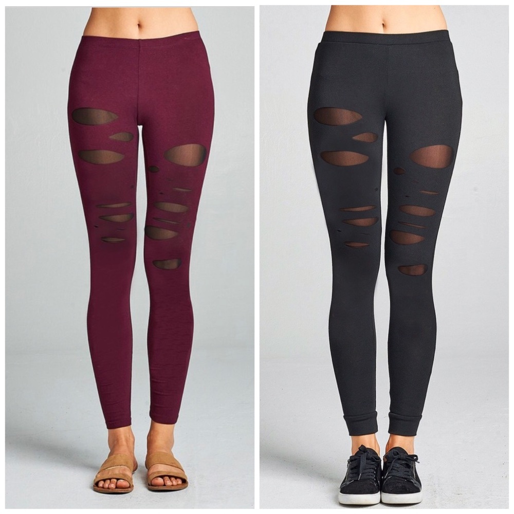  Wine Cut Out Mesh Leggings - Picture 2 of 4