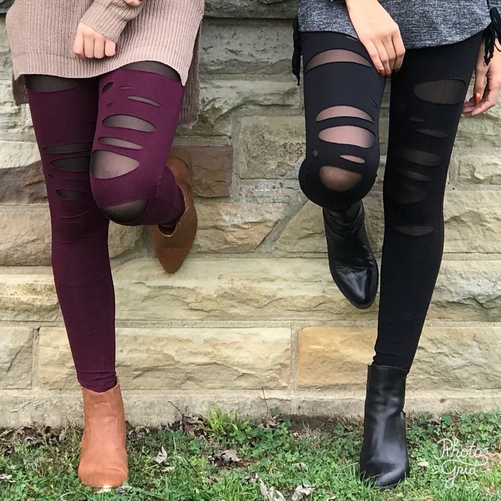 Wine Cut Out Mesh Leggings - Picture 3 of 4