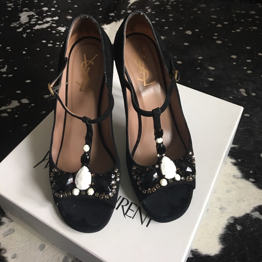 YSL T Strap black suede embellished pumps