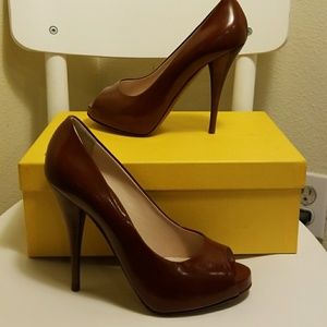 Brown open toe patent platform heels