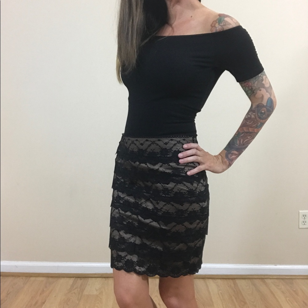 Black & Nude Lace pencil Skirt