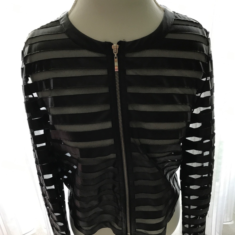 Beautiful sheer black stripe zip front jacket.
