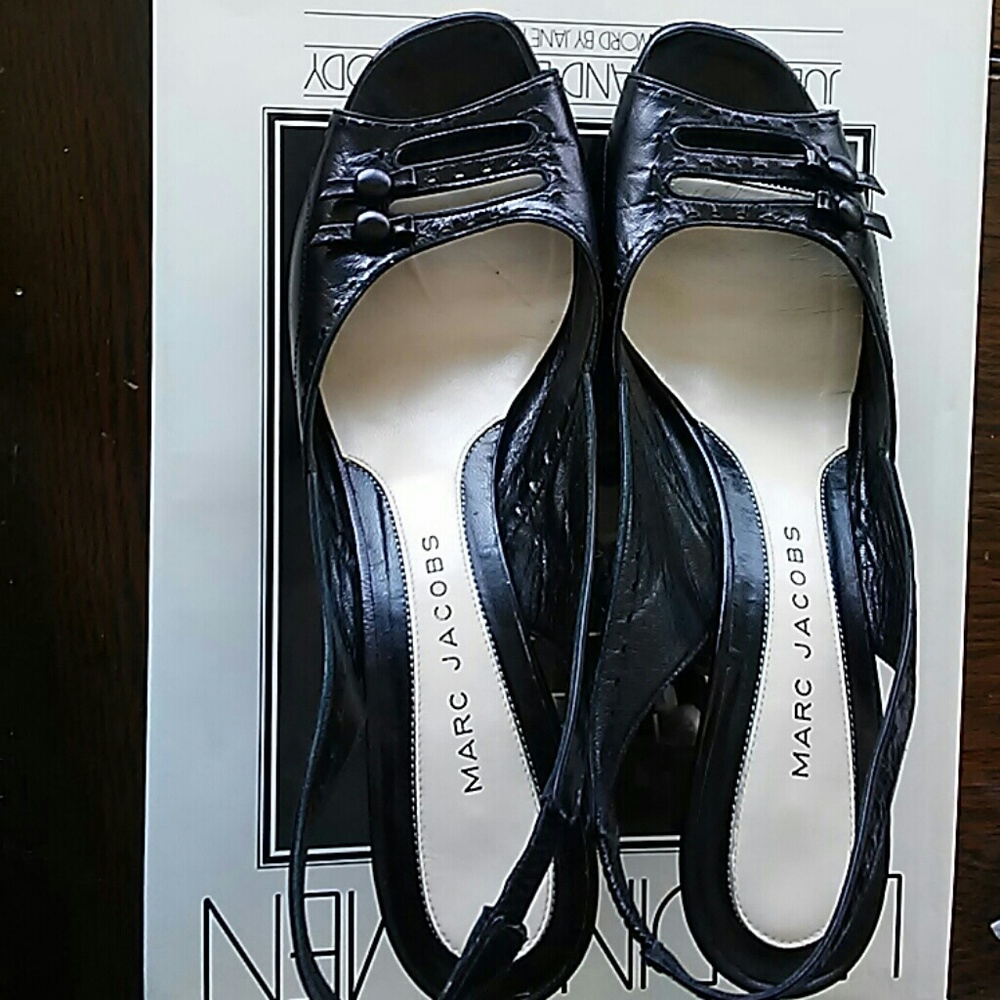 MARC JACOBS black leather open toe sling backs