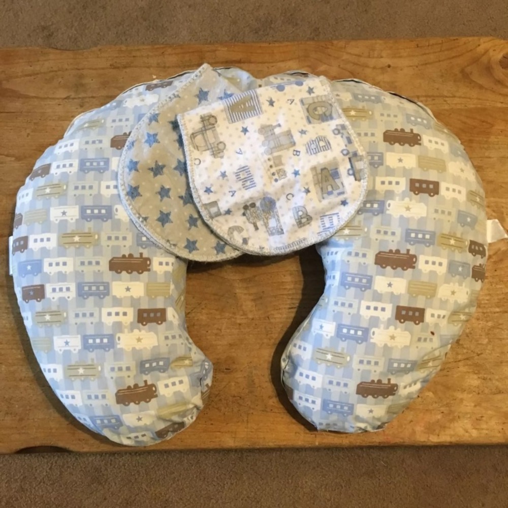 Boppy with train cover and 2 homemade Burp Cloths