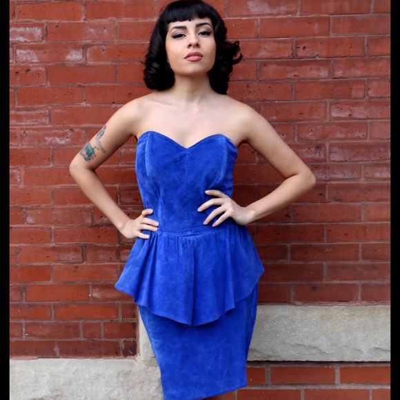 Vintage 1980s Suede Peplum Strapless Dress - Picture 1 of 3