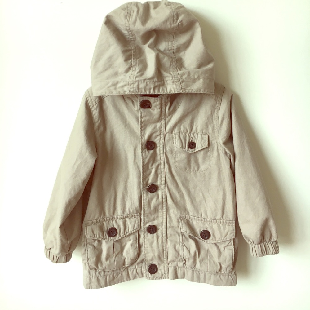 Hooded khaki zip/button jacket Great Condition3T