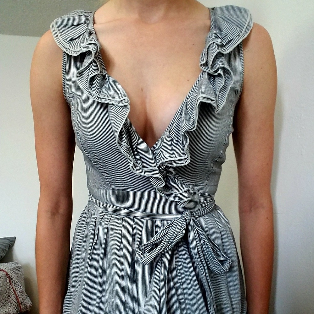 Dark Grey & White Striped Wrap Dress