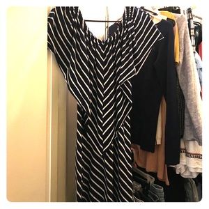 Navy and white striped off the shoulder dress