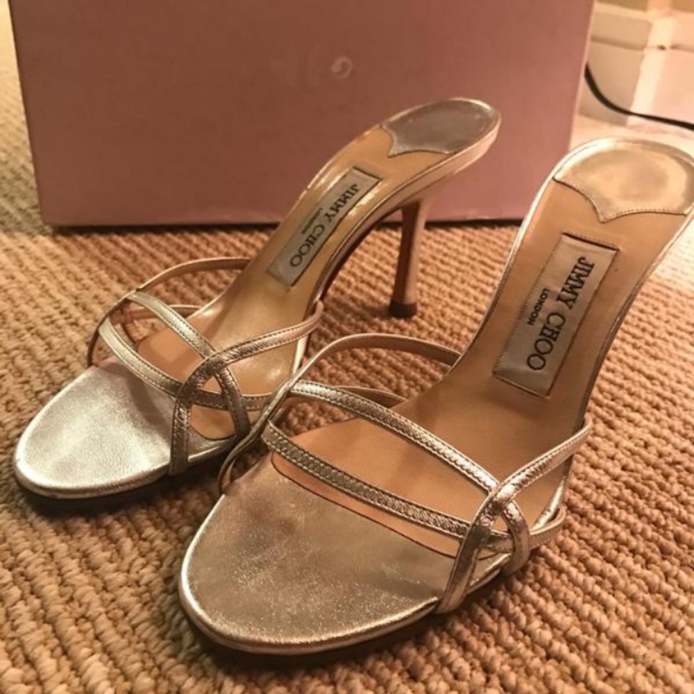 $400 Jimmy Choo Silver Metallic Leather Sandals