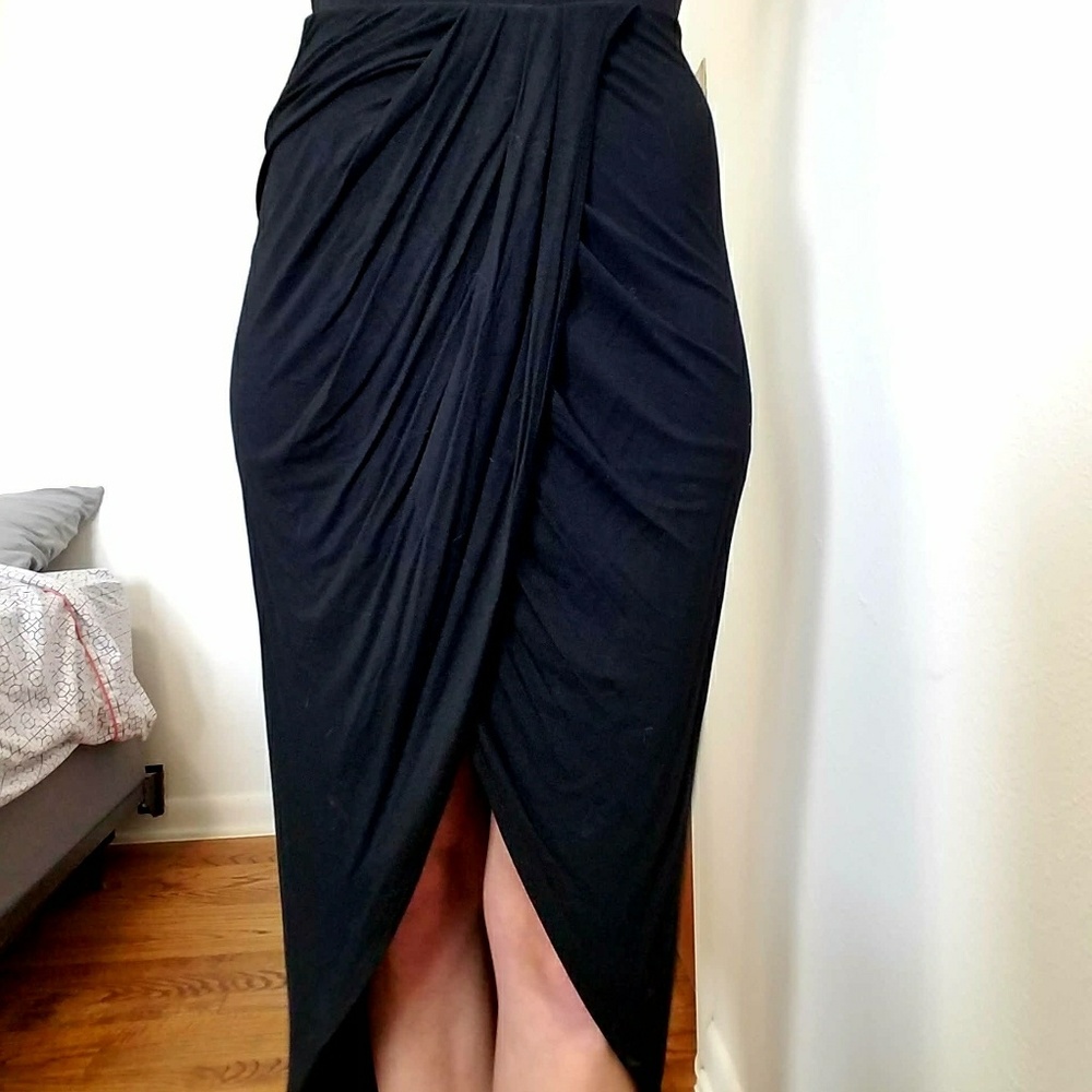 Black Midi Mock Wrap Skirt