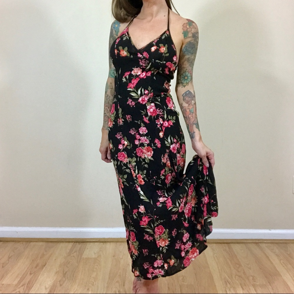 Black & Floral tie halter dress