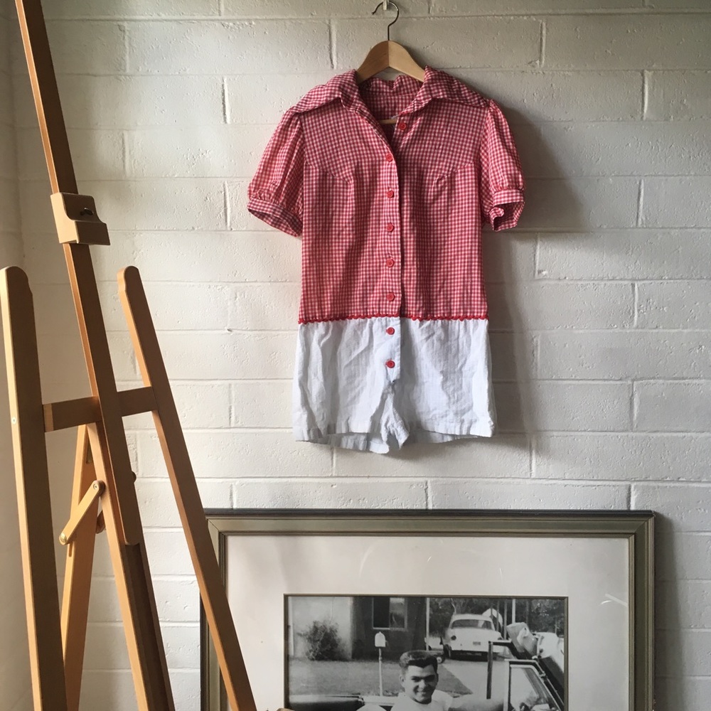 Vintage Red Gingham Textured Romper
