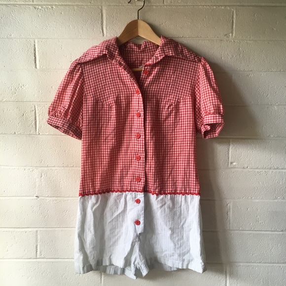 Vintage Red Gingham Textured Romper - Picture 2 of 5