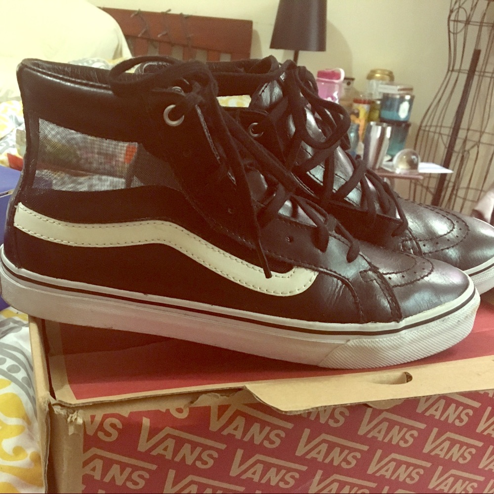 High top black leather vans w/ mesh detail