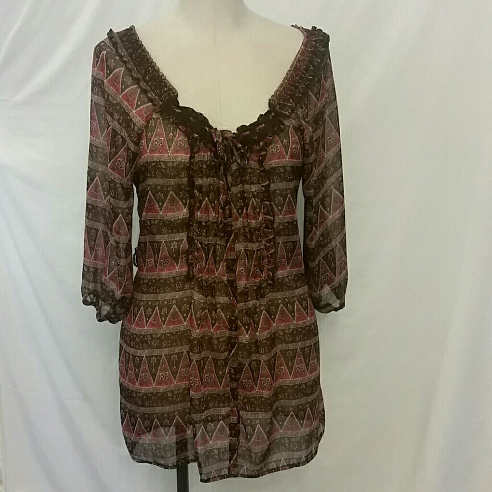 Maurices Chevron sheer brown 3/4 Sleeve Blouse M