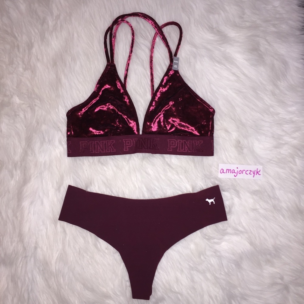 XS/M VELVET VS PINK Bralette Thong Set Maroon Red