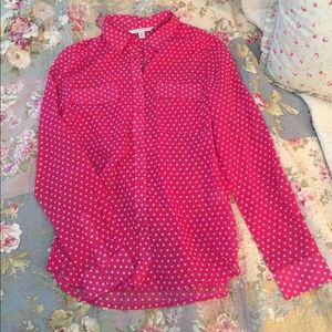 AEO pink polka dot button up shirt