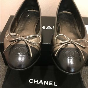 Genuine Chanel ballets—bronze metallic w/black toe