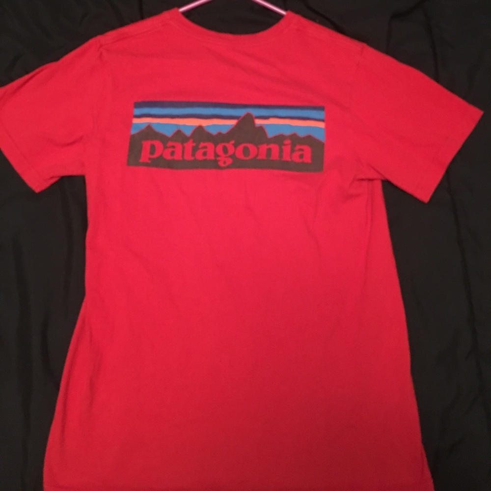 Red Patagonia T-shirt with logo on front & back