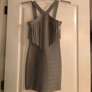 Bebe Silver Metallic Body Conscious Fringe Dress