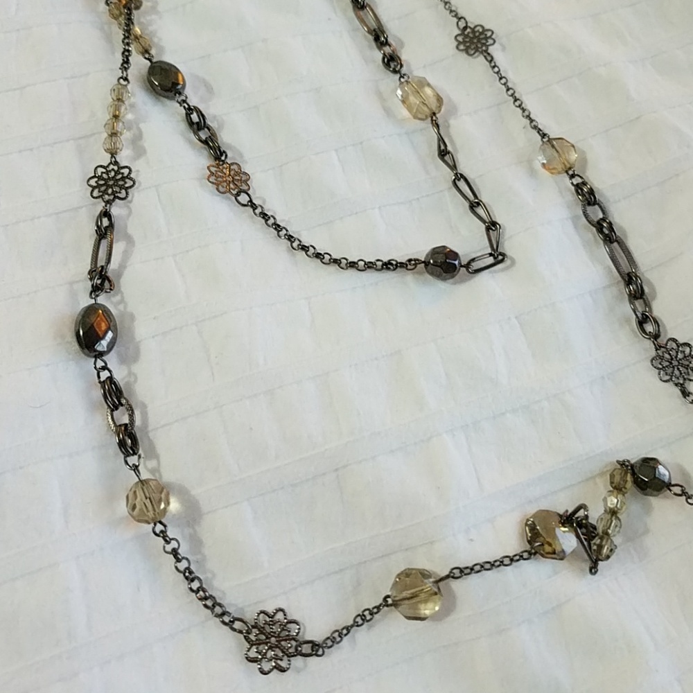 Long Grey Silver Flower Layering Necklace