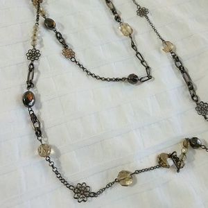 Long Grey Silver Flower Layering Necklace