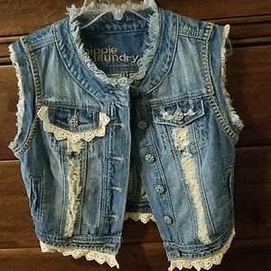Denim vest with cream lace trim