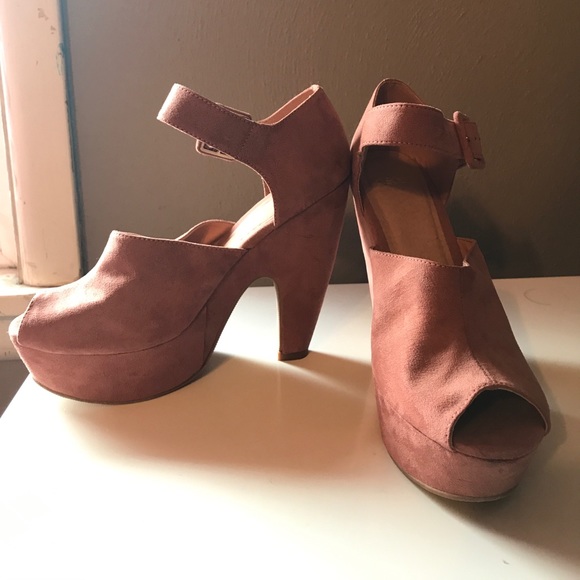 HOLD:ASOS Velvet Blush Pink Peep Toe Platform Heel - Picture 2 of 8
