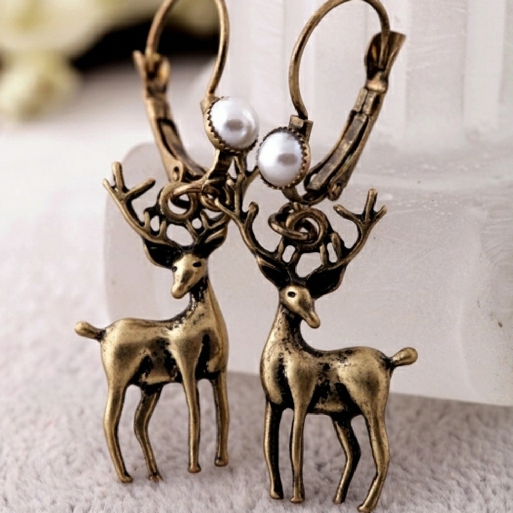 Boho gold pearl deer earrings
